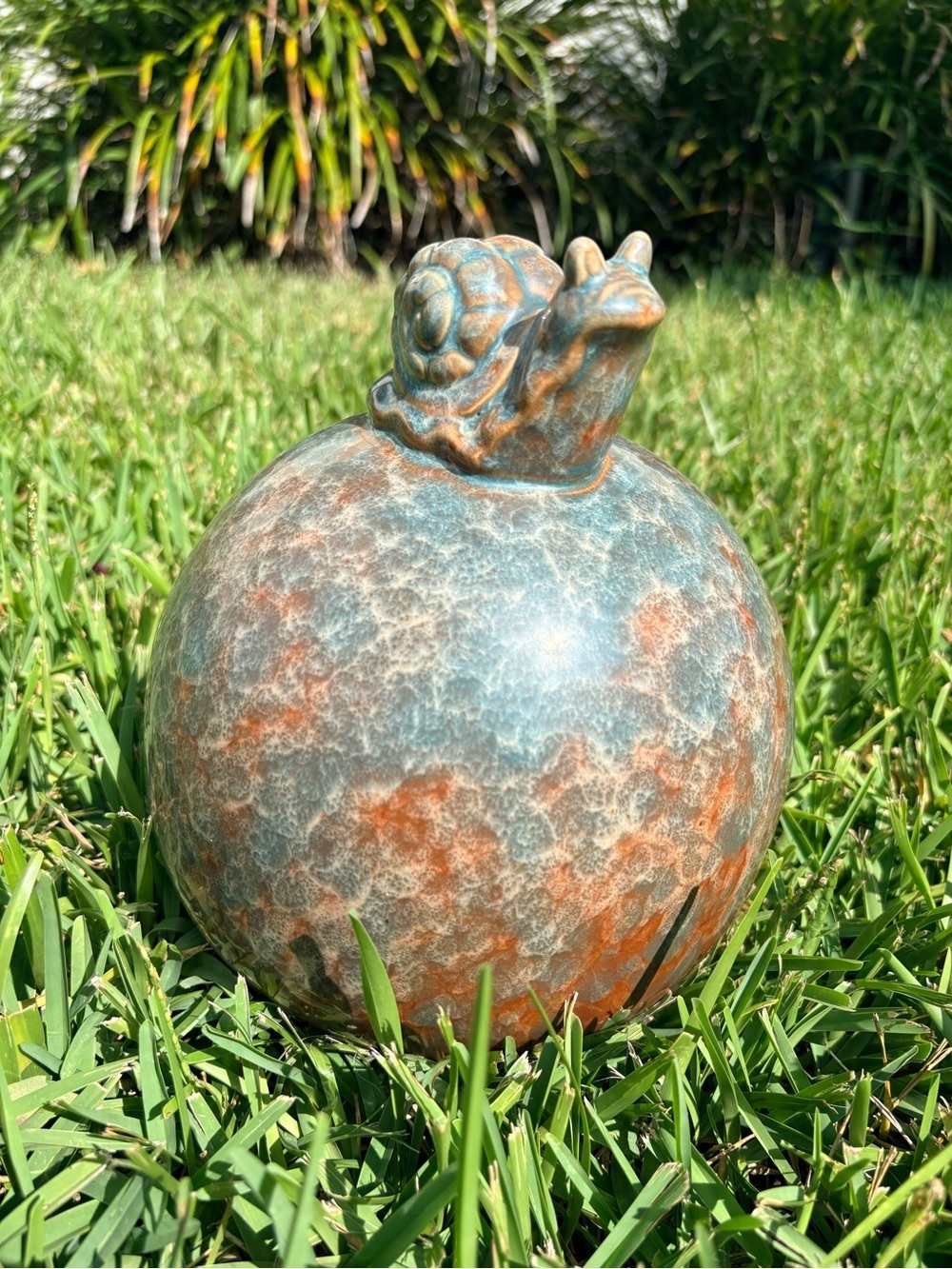 Handmade Drip Glazed Ceramic Snail Garden Sphere | Artisan Yard Decor | 9" Tall - Picture 3 of 9